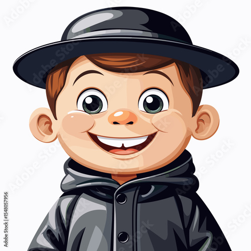 Smiling boy in a black hat and cloak with a cheerful expression, vector illustration