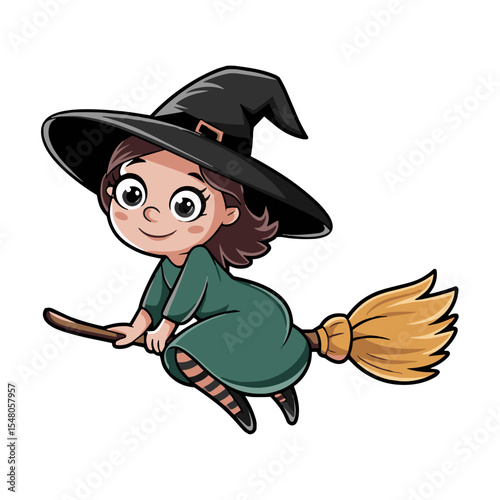 Cute witch girl flying on a broomstick with a joyful expression on a transparent background