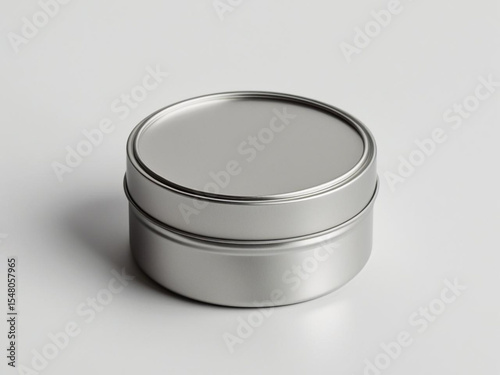A blank round tin container with closed lid, placed on a white background, minimal product packaging mockup