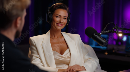 Celebrity Engaged in Podcast Discussion with Media Host at Studio