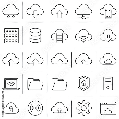 Set of line icons related to data exchange, traffic, files, cloud, server. Outline icon collection. Editable stroke. Vector illustration