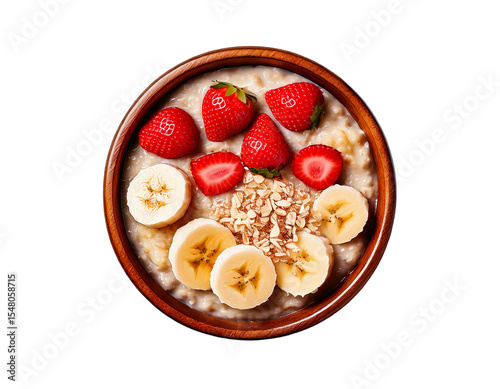  Cooked oatmeal with strawberries and banana slices in a wooden bowl, top view, created with