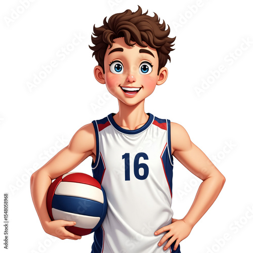 A vibrant digital illustration of a young boy, seemingly in his preteen years, smiling happily and holding a volleyball.