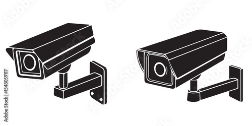 Vector video surveillance camera icon: black security CCTV equipment for digital protection.