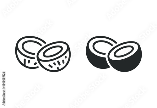 Coconut halves line art icon set black and white