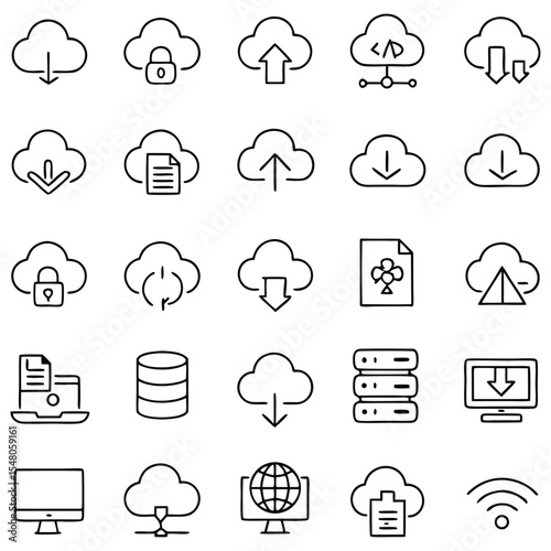 Set of line icons related to data exchange, traffic, files, cloud, server. Outline icon collection. Editable stroke. Vector illustration