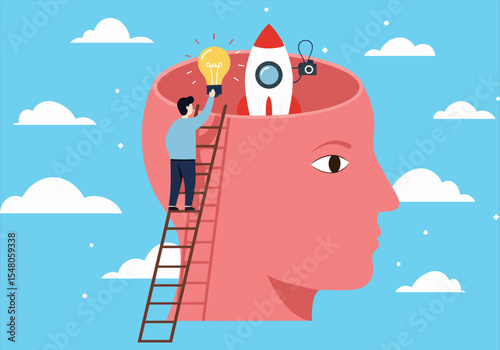 Open-minded individual fostering innovation, new ideas, and creative solutions within a vast mind, embracing curiosity, knowledge, and future possibilities for growth and success.