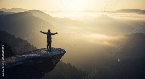 Solitary figure embracing misty mountain vista from rocky precipice at dawn.