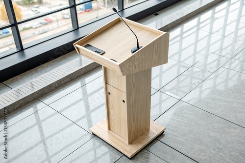 Podium mockup in Scandinavian wood style with slim microphone and modern look