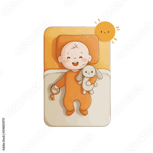 Smiling Baby Holding Plush Toy - Flat vector illustration of child development stages