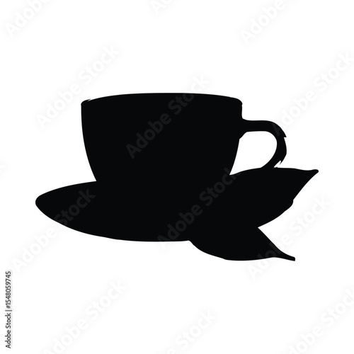 Black Silhouette Green Tea Cup Saucer Leaves Drink Beverage vector