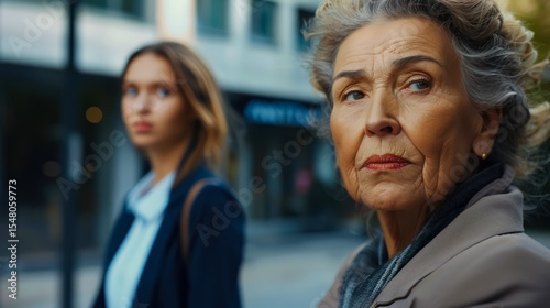 An elderly woman looks with suspicion as a younger woman stands blurred in the background. A scene of generational tension or contrast in a city setting.