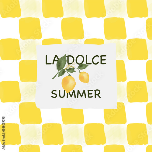 Yellow checkered tablecloth and pattern background with lemons and text "Sweet summer". Vector cute elegant watercolor illustration for card, invitation or poster