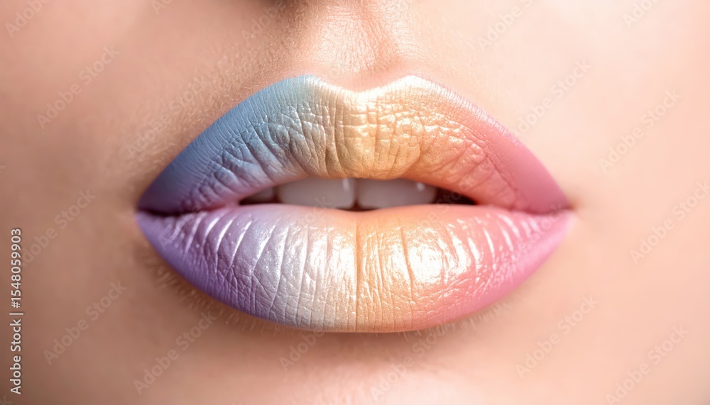Fototapeta premium Close-up view of creative ombre lip makeup showcasing pastel blue, pink, and gold shades on smooth lips