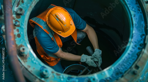 A construction worker wearing a safety helmet and vest works inside a large metallic pipe or structure, focusing on precision tasks.