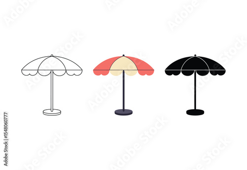 Beach umbrella icon set line art color and silhouette