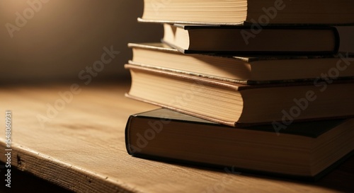 Stack of aged books with golden pages on a wooden surface under soft light.