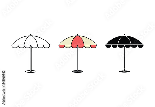 Beach umbrella icon set line art black white red