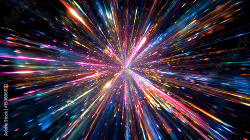 A vibrant, dynamic burst of multicolored light streaks radiating from a central point, creating a sense of speed and energy.