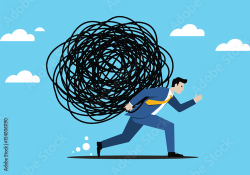 Businessman struggling with overwhelming problems and tangled thoughts, carrying heavy burden of confusion and stress, an illustration of mental difficulty and challenges in a modern corporate world