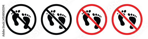 No Barefoot Prohibition Sign Set – Footprint Ban Icons and Forbidden Footstep Symbols, vector illustration.