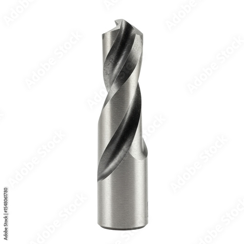 A brand-new, polished metal countersink drill bit with sharp cutting flutes and a precise conical tip, made of high-grade steel, on a pristine, transparent, seamless studio background, concept for