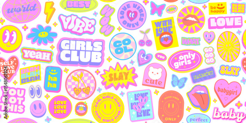 Girls Cute Stickers Set. Cool Y2k Girly Patches. Pop Smile Art Badges.