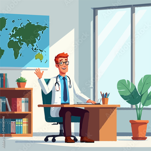 Friendly male doctor waving in his office