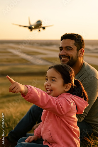 Smiling Father and Daughter Watching Airplane Landing at Sunset