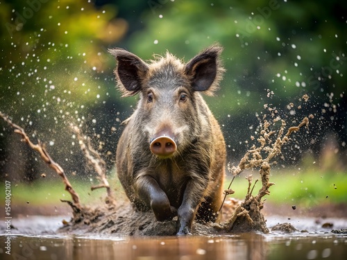 Wild boar running through muddy water, splashing, forest background