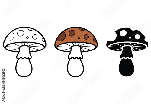 Cartoon mushroom illustrations line art brown black white