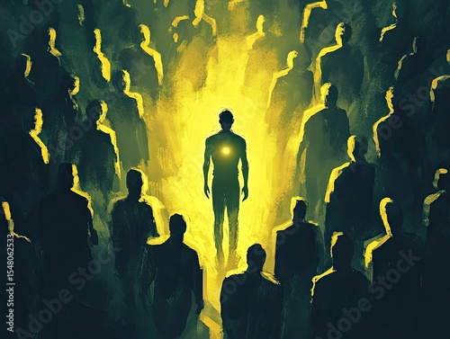 A single figure bathed in light, surrounded by a crowd