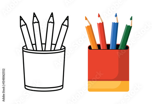 Colored pencils in holder line art and color illustration