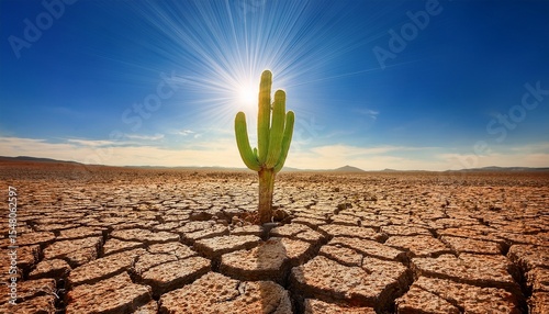 a lone cactus emerges from parched cracked earth beneath a bright sky in a barren landscape