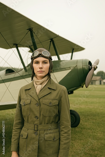 Female pilot with goggles by biplane at vintage airfield with grass and hangars background