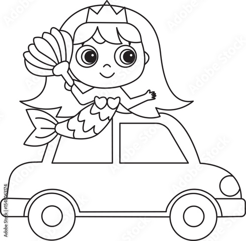 Mermaid, coloring page, hand drawn, set, car, line artwork, 