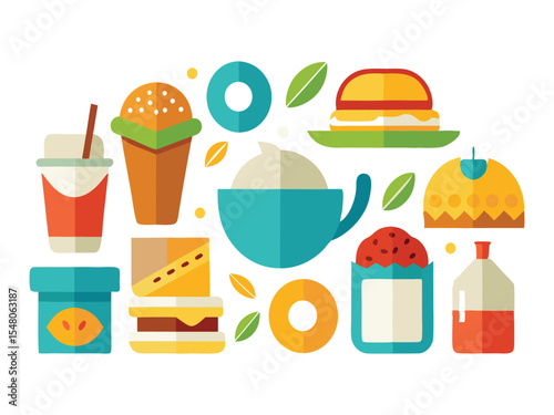 Collection of flat design fast food icons isolated on white background
