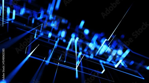Running lights, glowing particles. Abstract looped background as technological concept with many blue lines and nodes. Sci-fi bg of glow particles form lines like electrical circuit or microcircuit.