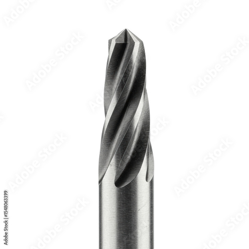 A brand-new, polished metal countersink bit with precision helical flutes, tapered cutting head, and cylindrical shank, on a transparent seamless studio background, extreme macro view, high-key