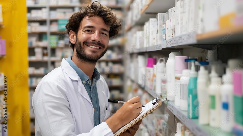 Fototapeta premium Male pharmacist checks inventory in a pharmacy aisle while smiling confidently during the daytime