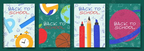 Set of posters for back to school design. Vector cards with hand-drawn school items and doodles. Flyers concepts for Back to school decoration, social media, ads, sale.