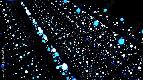 abstract 3d loop background with glowing particles lined up in rows in 3d space. Festive vj loop with blue particles and smooth animated camera. Motion design background