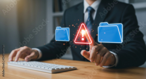 Digital Data Security: A professional in a suit navigates the complex landscape of digital data protection, interacting with virtual folders and a prominent warning symbol.