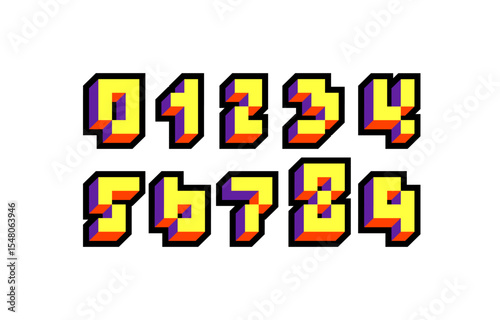 Pixel 3d numbers, digital numeral set made in video game style, vector illustration 10EPS