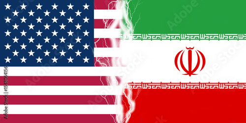 Lightnings effect between flags of USA and Iran. Concept of conflict between two nations, Washington and Tehran.