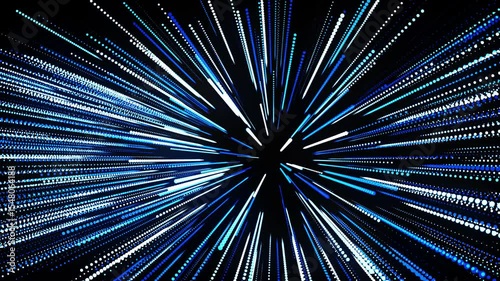 abstract 3d loop background with glowing particles lined up in rows in 3d space. Festive vj loop with blue particles and smooth animated camera. Motion design background