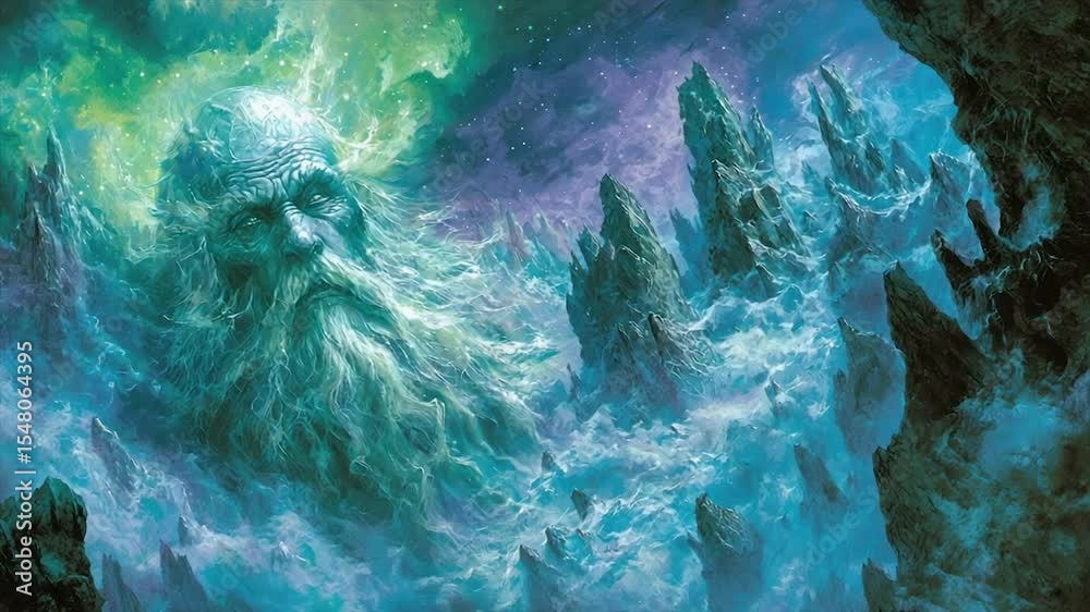 Celestial being's icy visage looms over a craggy, ethereal landscape