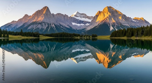 Tranquil mountain lake reflects golden peaks and evergreen forest at dawn.