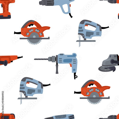 Seamless patterns of power tools including jigsaws, drills, circular saws, and sanders. Hand drawn flat style illustration for for textile prints, wrapping paper, repairing projects