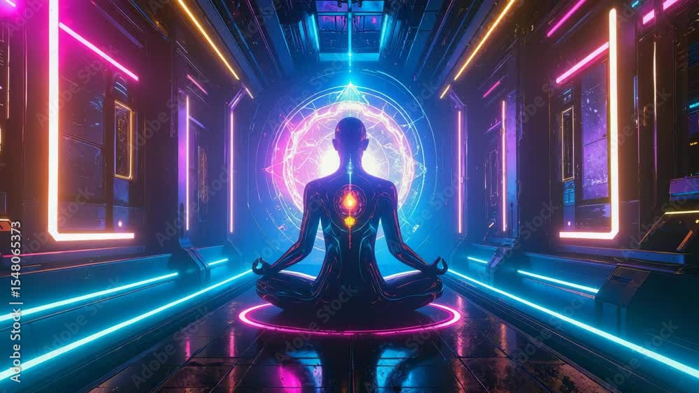 Human meditating in futuristic spaceship with glowing chakras and neon lights.